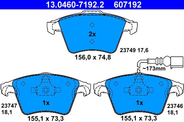 ATE 13.0460-7192.2 - Тормозные колодки, дисковые, комплект www.autospares.lv