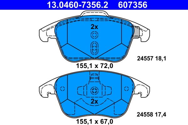 ATE 13.0460-7356.2 - Тормозные колодки, дисковые, комплект www.autospares.lv