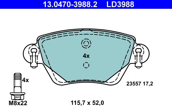 ATE 13.0470-3988.2 - Тормозные колодки, дисковые, комплект www.autospares.lv