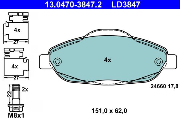 ATE 13.0470-3847.2 - Bremžu uzliku kompl., Disku bremzes autospares.lv