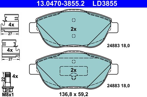 ATE 13.0470-3855.2 - Тормозные колодки, дисковые, комплект www.autospares.lv