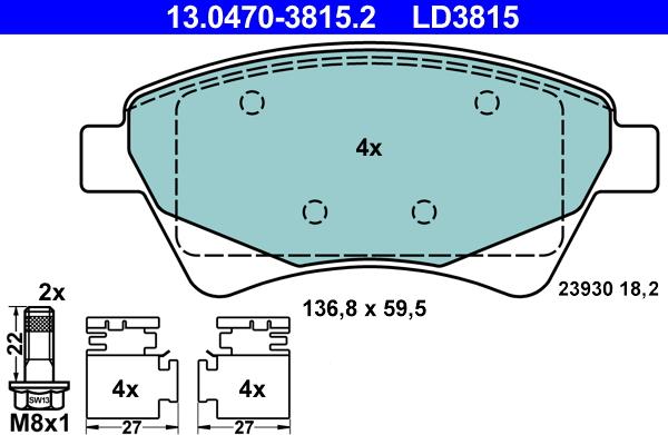 ATE 13.0470-3815.2 - Тормозные колодки, дисковые, комплект www.autospares.lv