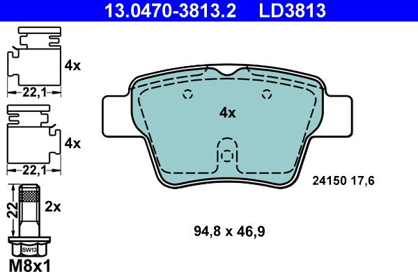 ATE 13.0470-3813.2 - Тормозные колодки, дисковые, комплект www.autospares.lv