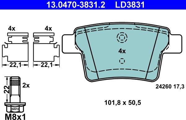 ATE 13.0470-3831.2 - Bremžu uzliku kompl., Disku bremzes autospares.lv