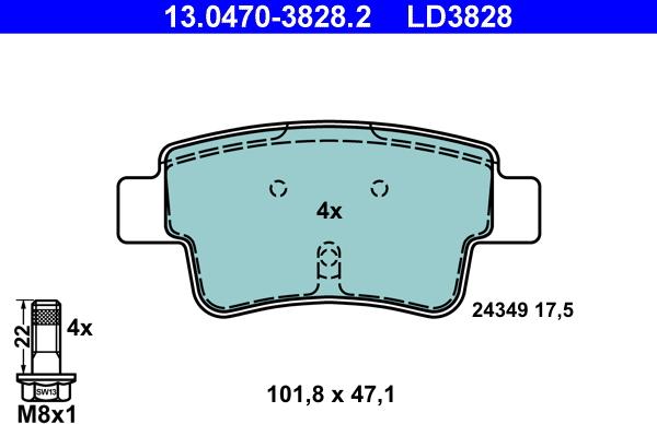 ATE 13.0470-3828.2 - Тормозные колодки, дисковые, комплект www.autospares.lv