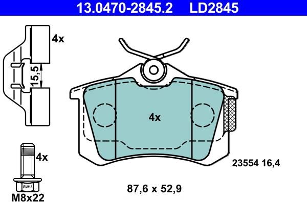 ATE 13.0470-2845.2 - Тормозные колодки, дисковые, комплект www.autospares.lv