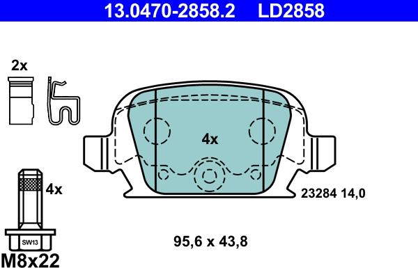 ATE 13.0470-2858.2 - Тормозные колодки, дисковые, комплект www.autospares.lv