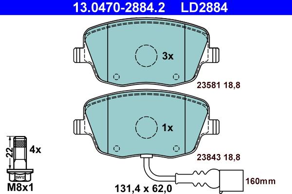 ATE 13.0470-2884.2 - Тормозные колодки, дисковые, комплект www.autospares.lv