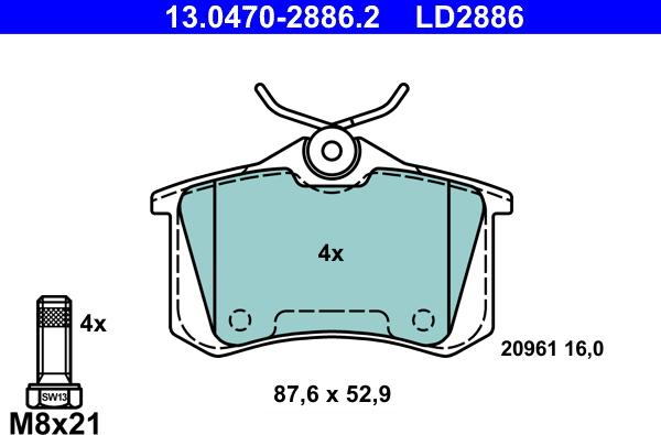 ATE 13.0470-2886.2 - Тормозные колодки, дисковые, комплект www.autospares.lv