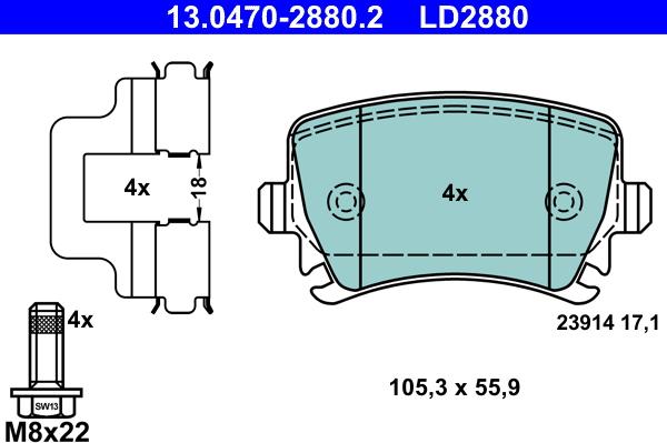 ATE 13.0470-2880.2 - Brake Pad Set, disc brake www.autospares.lv