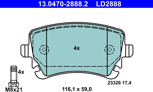 ATE 13.0470-2888.2 - Тормозные колодки, дисковые, комплект www.autospares.lv