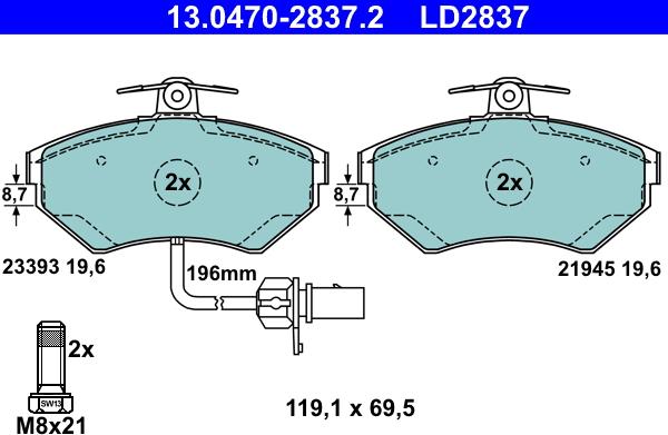 ATE 13.0470-2837.2 - Тормозные колодки, дисковые, комплект www.autospares.lv