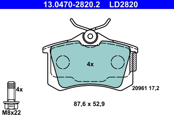 ATE 13.0470-2820.2 - Тормозные колодки, дисковые, комплект www.autospares.lv