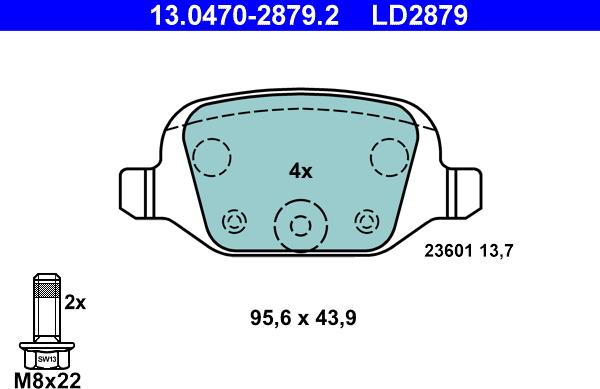 ATE 13.0470-2879.2 - Тормозные колодки, дисковые, комплект www.autospares.lv