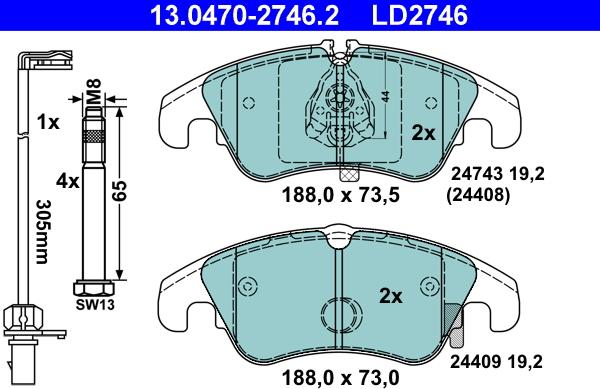 ATE 13.0470-2746.2 - Тормозные колодки, дисковые, комплект www.autospares.lv