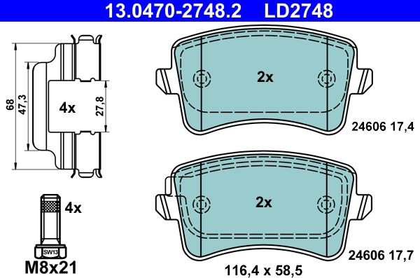 ATE 13.0470-2748.2 - Тормозные колодки, дисковые, комплект www.autospares.lv