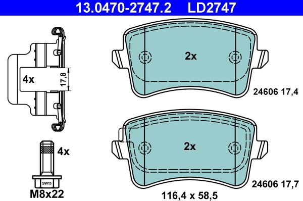 ATE 13.0470-2747.2 - Тормозные колодки, дисковые, комплект www.autospares.lv