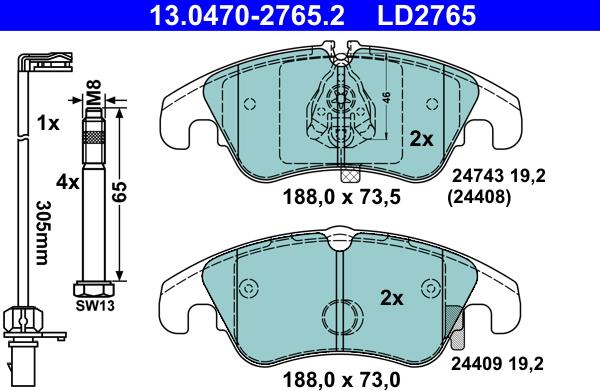 ATE 13.0470-2765.2 - Тормозные колодки, дисковые, комплект www.autospares.lv