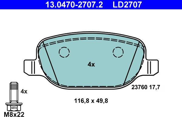 ATE 13.0470-2707.2 - Тормозные колодки, дисковые, комплект www.autospares.lv