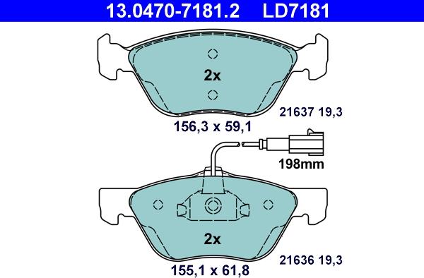 ATE 13.0470-7181.2 - Тормозные колодки, дисковые, комплект www.autospares.lv