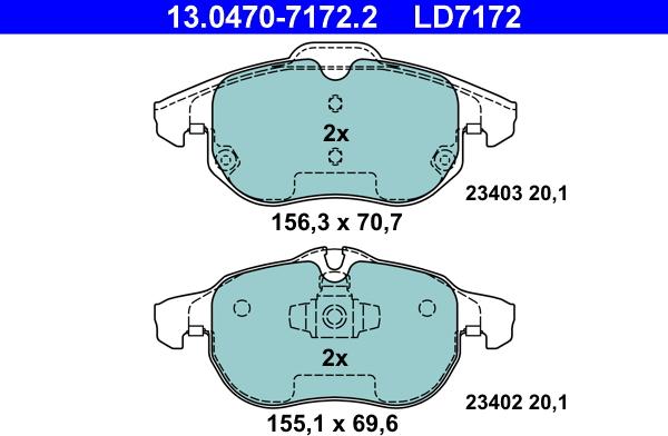 ATE 13.0470-7172.2 - Тормозные колодки, дисковые, комплект www.autospares.lv