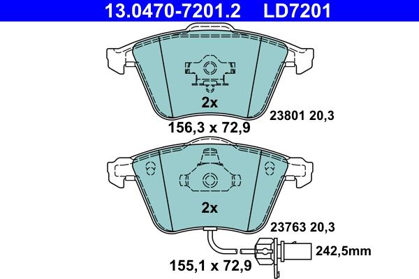 ATE 13.0470-7201.2 - Тормозные колодки, дисковые, комплект www.autospares.lv