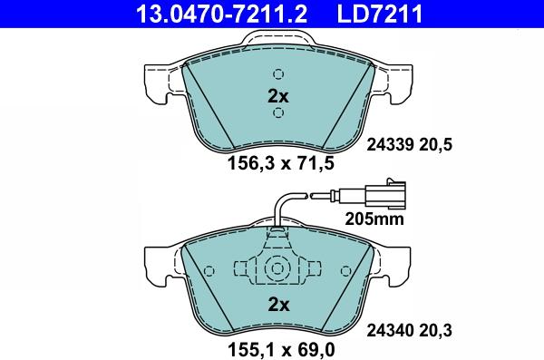 ATE 13.0470-7211.2 - Тормозные колодки, дисковые, комплект www.autospares.lv