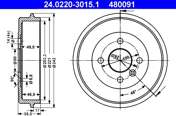 ATE 24.0220-3015.1 - Bremžu trumulis www.autospares.lv