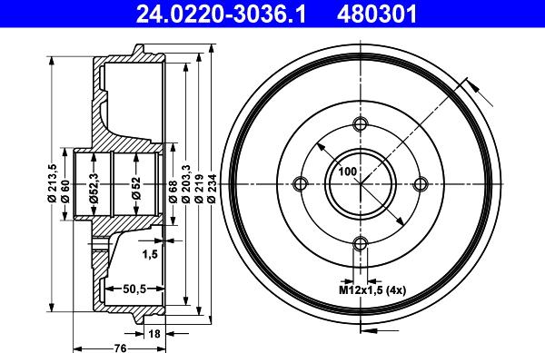 ATE 24.0220-3036.1 - Bremžu trumulis www.autospares.lv