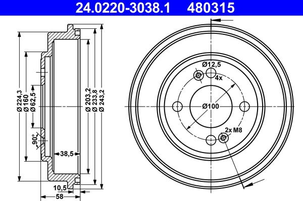 ATE 24.0220-3038.1 - Bremžu trumulis www.autospares.lv