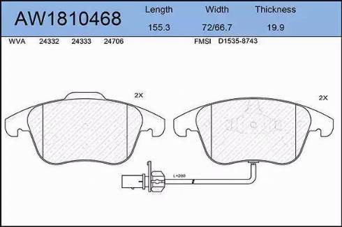 Aywiparts AW1810468 - Тормозные колодки, дисковые, комплект www.autospares.lv