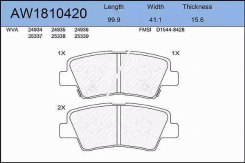 Aywiparts AW1810420 - Тормозные колодки, дисковые, комплект www.autospares.lv