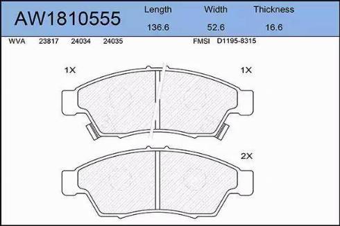 Aywiparts AW1810555 - Тормозные колодки, дисковые, комплект www.autospares.lv