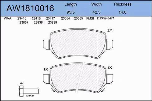 Aywiparts AW1810016 - Brake Pad Set, disc brake www.autospares.lv