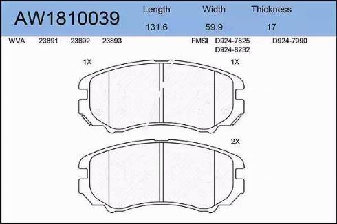 Aywiparts AW1810039 - Тормозные колодки, дисковые, комплект www.autospares.lv