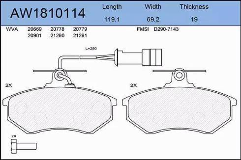 Aywiparts AW1810114 - Тормозные колодки, дисковые, комплект www.autospares.lv