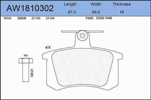 Aywiparts AW1810302 - Тормозные колодки, дисковые, комплект www.autospares.lv