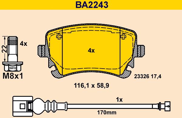 Barum BA2243 - Bremžu uzliku kompl., Disku bremzes www.autospares.lv