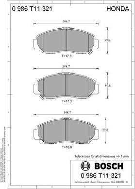 BOSCH 0 986 T11 321 - Bremžu uzliku kompl., Disku bremzes www.autospares.lv