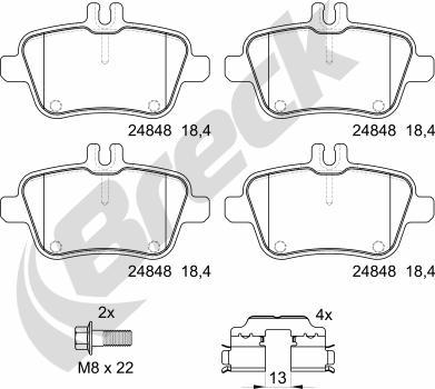 Breck 24848 00 704 00 - Bremžu uzliku kompl., Disku bremzes www.autospares.lv