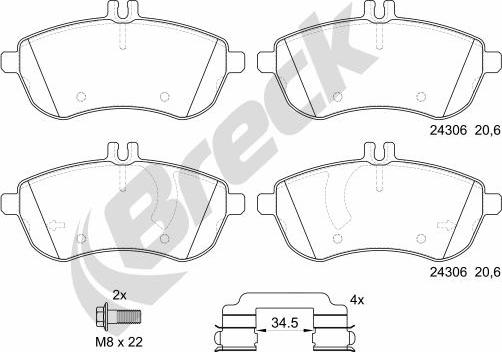 Breck 24306 00 701 00 - Bremžu uzliku kompl., Disku bremzes autospares.lv