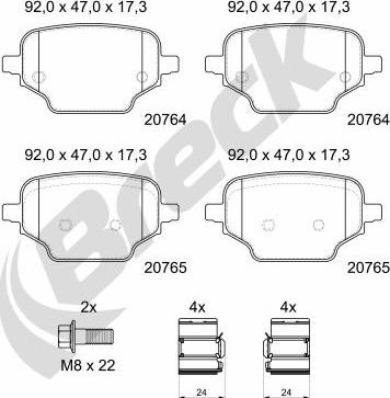 Breck 20764 00 704 00 - Bremžu uzliku kompl., Disku bremzes www.autospares.lv