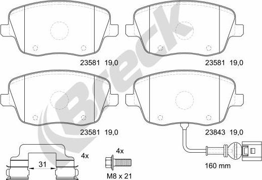 Breck 23581 00 702 10 - Bremžu uzliku kompl., Disku bremzes autospares.lv