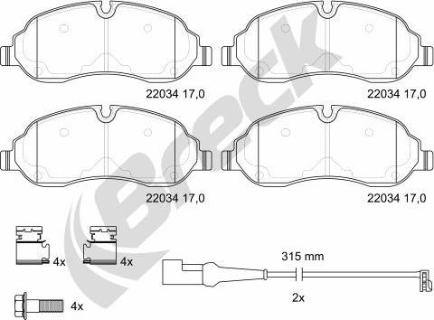 Breck 22034 00 653 00 - Bremžu uzliku kompl., Disku bremzes www.autospares.lv