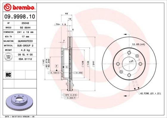 Brembo 09.9998.10 - Bremžu diski www.autospares.lv