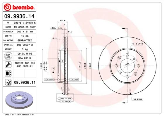 Brembo 09.9936.14 - Bremžu diski autospares.lv