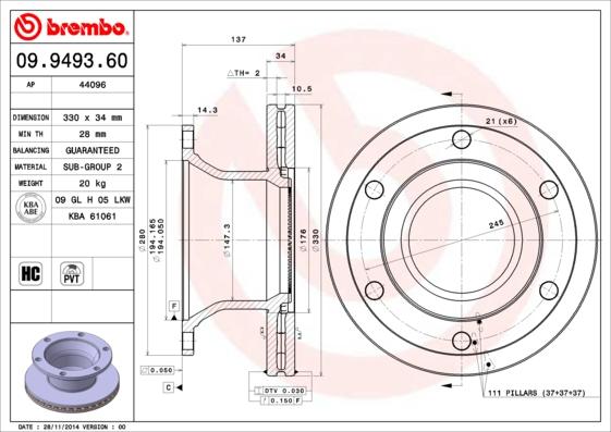 Brembo 09.9493.60 - Bremžu diski www.autospares.lv