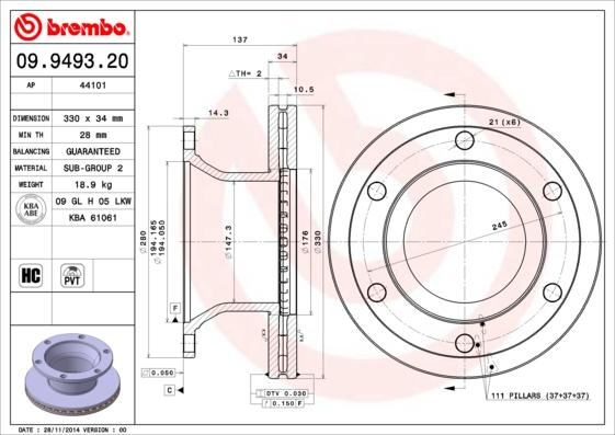 Brembo 09.9493.20 - Bremžu diski www.autospares.lv