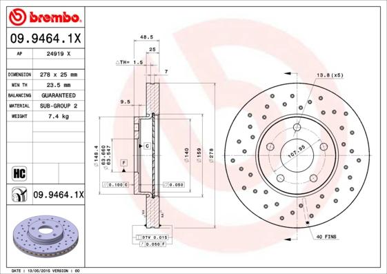 Brembo 09.9464.1X - Brake Disc www.autospares.lv