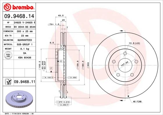 Brembo 09.9468.14 - Bremžu diski autospares.lv